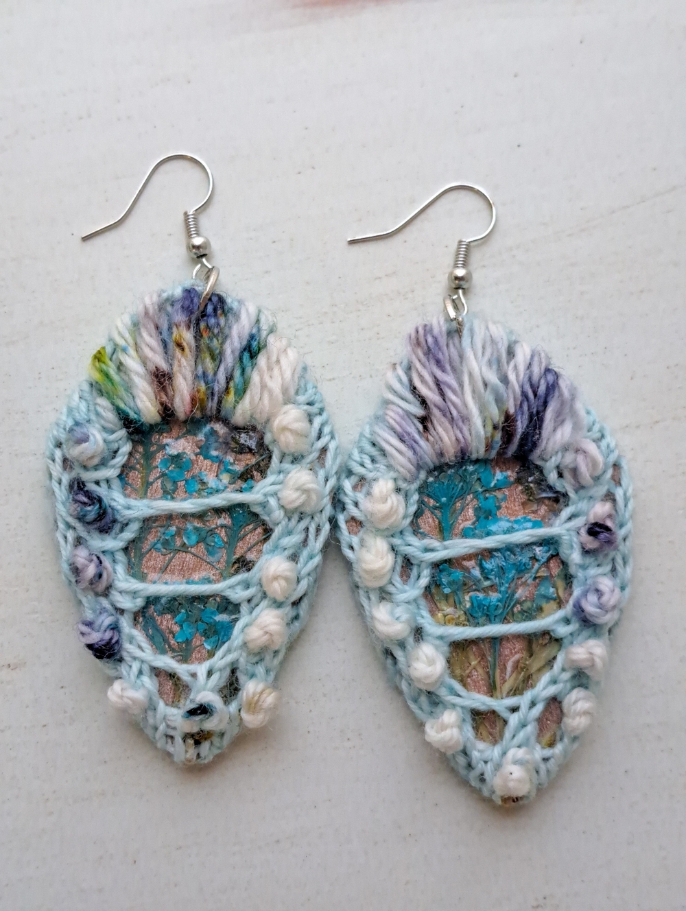 Handmade Light Blue Mixed-Color Knit Drop Earrings With Dry Flowers